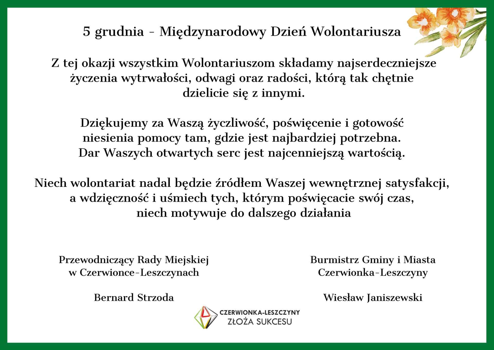 Życzenia z okazji Międzynarodowego Dnia Wolontariusza